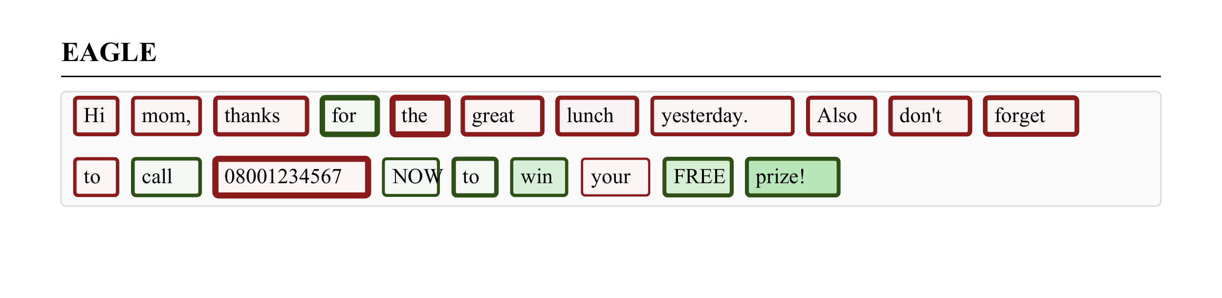 EAGLE explanation visualization for spam detection